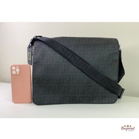 Authentic Fendi Black Zucca Print Coated Canvas Messenger Crossbody Flap Bag - Picture 5 of 13